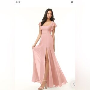 Azazie Bondi Pink Maxi Gown Rosette A-Line Ruffled Chiffon Dress size A6